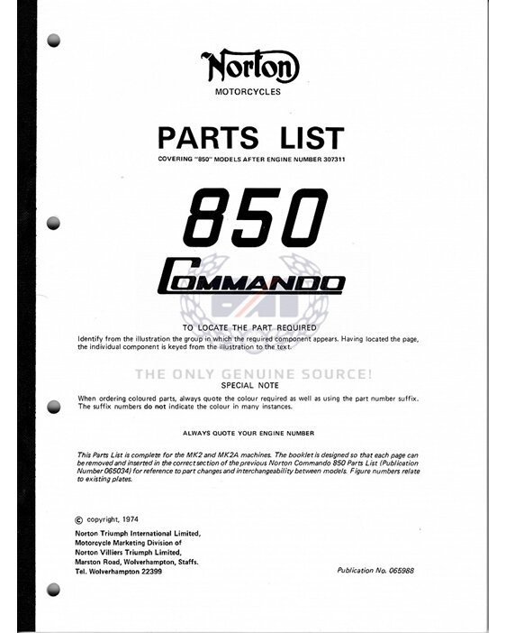 06-5988 Replacement Parts List - 850cc Norton Commando MK2 MK2A