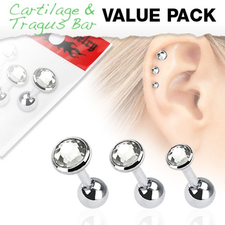 3 Pack of Cartilage Bar w/ Gem Top - Other Colours Choices