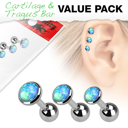 3 Pcs Cartilage Barbells w/ Opal Set Top