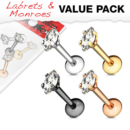 4 Pack Internally Threaded Marquise CZ Prong Set Labret