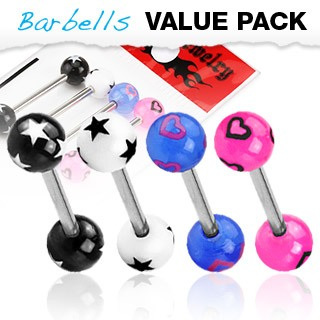 4 Pcs Assorted Color Barbells w/ Stars & Hearts UV Balls