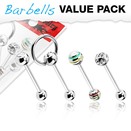 4 Pcs Value Pack of Assorted 316L Surgical Steel Barbell