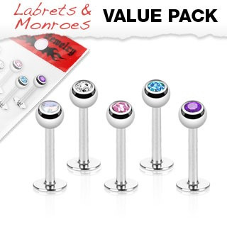5 Pack Assorted Ferido Crystal Top Labrets