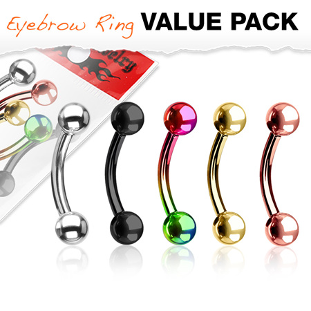 5 Pcs Value Pack Plated Mixed Colour Eyebrow  Ring