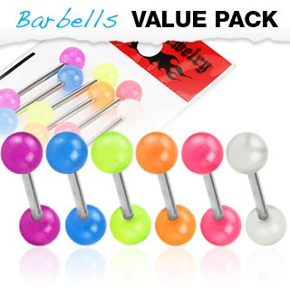 6 Pack Assorted Color Tongue Bars w/ Glow In The Dark Balls