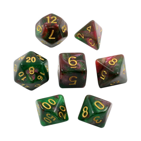 7 Green & Purple with Gold Stardust Dice