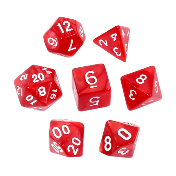 7 Red Marbled Polyhedral Dice with Gold Numbers Games and Hobbies NZ