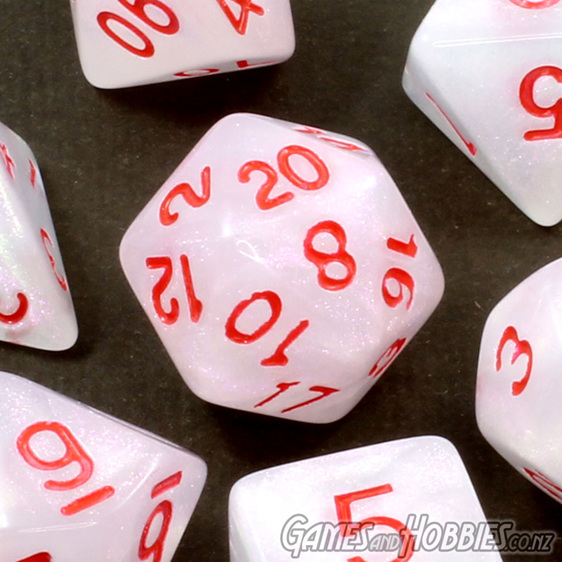 7White Marbled Polyhedral Dice with Red Numbers Games and Hobbies NZ