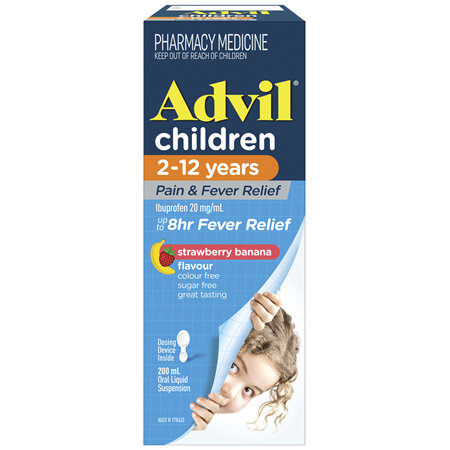 Advil Pain & Fever Suspension 2-12 years, sugar and colour free Ibuprofen 20mg/ml Strawberry Banana