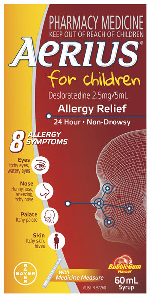 Aerius for Children Allergy Relief Antihistamine Bubblegum Syrup 60mL
