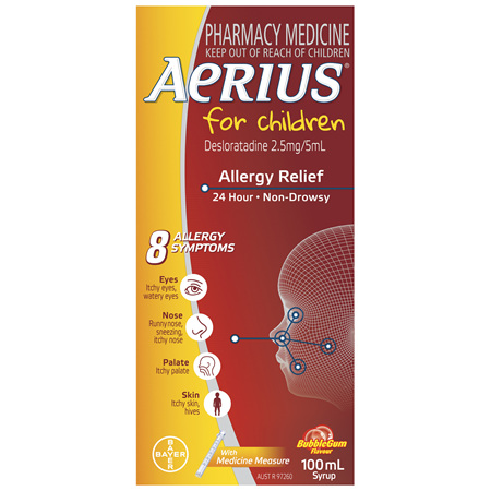 Aerius for Children Allergy Relief Antihistamine Bubblegum Syrup 100mL