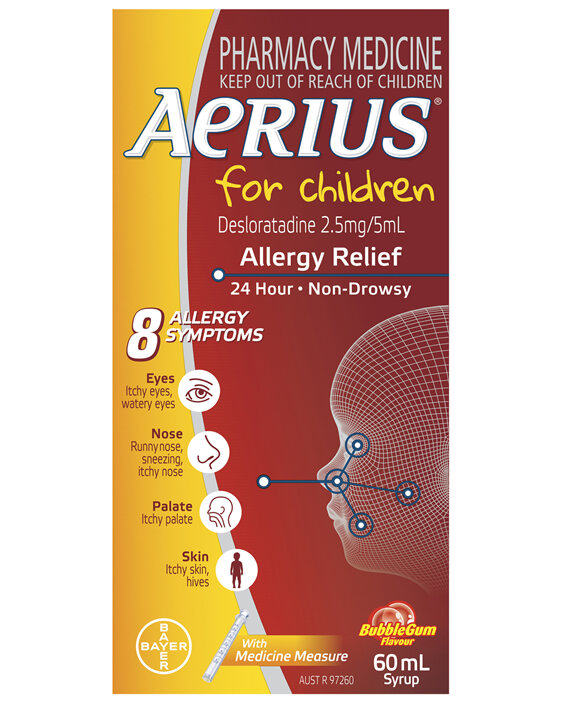 Aerius for Children Allergy Relief Antihistamine Bubblegum Syrup 60mL