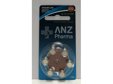 ANZ Pharma Hearing Aid Battery Size 312 6 Pack