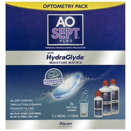 AOSEPT PLUS with HydraGlyde Optometry Pack 2x360mL + 1x90mL Bottle