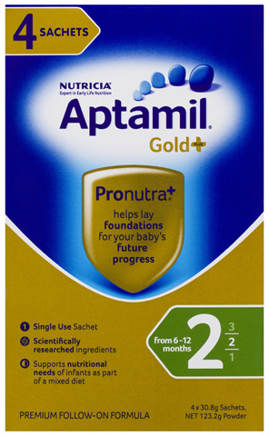 Aptamil Gold+ 2 Pronutra Biotik Baby Follow-On Formula Sachets From 6-12 Months 4 Pack 30.8g