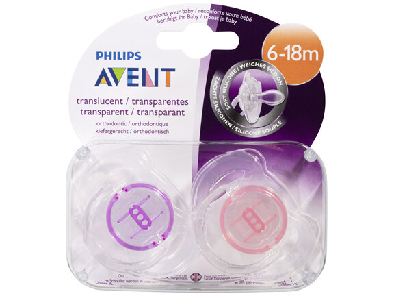 Avent Translucent Soft Silicone BPA Free Soother 6-18m 2 Pack