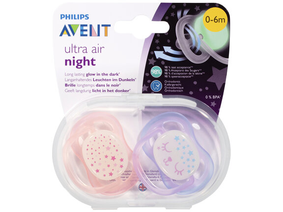 Avent Ultra Air Night BPA Free Soother 0-6m 2 Pack