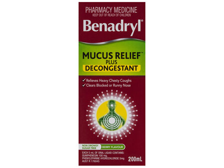 Benadryl Cough Liquid Mucus Relief Plus Decongestant Berry Flavour 200mL