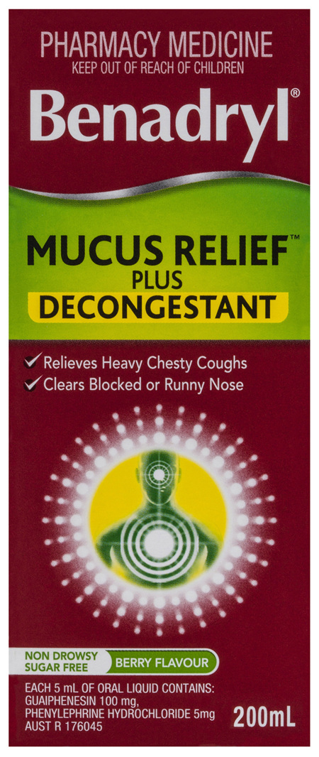 Benadryl Cough Liquid Mucus Relief Plus Decongestant Berry Flavour 200mL