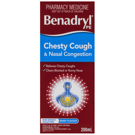 Benadryl PE Chesty Cough & Nasal Congestion Liquid Berry Flavour 200mL