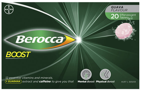 Berocca Boost Vitamin B & C Guava Flavour With Guarana Energy Effervescent Tablets 20 Pack