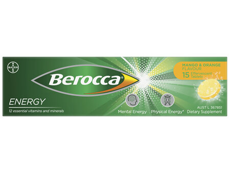 Berocca Energy Vitamin B & C Mango & Orange Flavour Effervescent Tablets 15 Pack