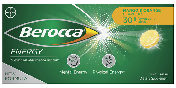 Berocca Energy Vitamin B & C Mango & Orange Flavour Effervescent Tablets 30 Pack