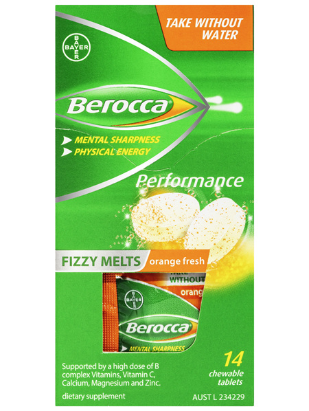 Berocca Fizzy Melts Energy Vitamin Orange Fresh Chewable Tablets 14 pack