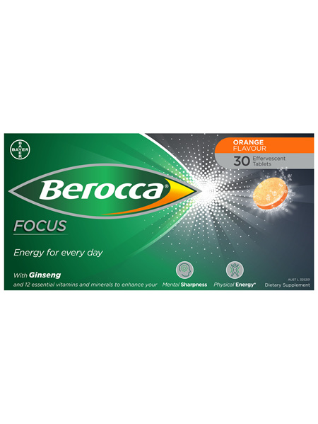 Berocca Focus Energy Vitamin with Ginseng Orange Effervescent Tablets 30 pack