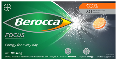 Berocca Focus Energy Vitamin with Ginseng Orange Effervescent Tablets 30 pack