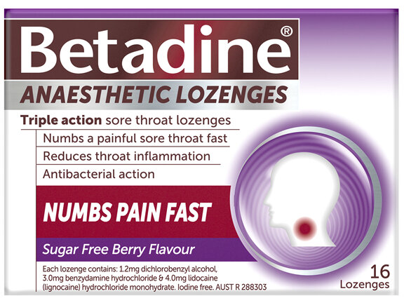 Betadine Sore Throat Anaesthetic Lozenges Berry 16 Pack