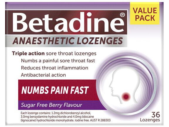 Betadine Sore Throat Anaesthetic Lozenges Berry 36 Pack