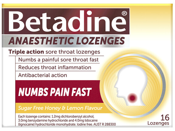 Betadine Sore Throat Anaesthetic Lozenges Honey & Lemon 16 Pack