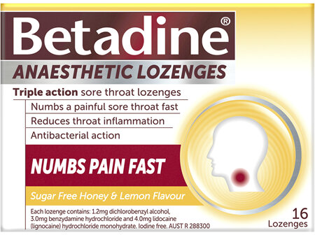 Betadine Sore Throat Anaesthetic Lozenges Honey & Lemon 16 Pack