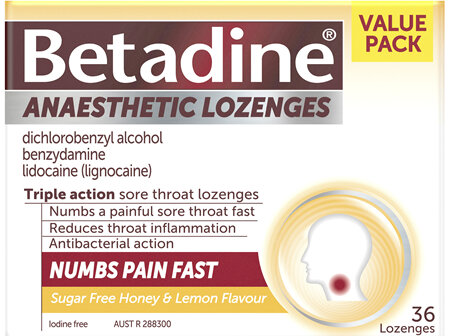 Betadine Sore Throat Anaesthetic Lozenges Honey & Lemon 36 Pack