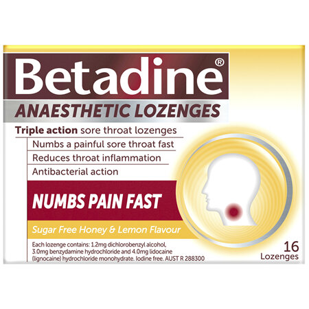Betadine Sore Throat Anaesthetic Lozenges Honey & Lemon 16 Pack