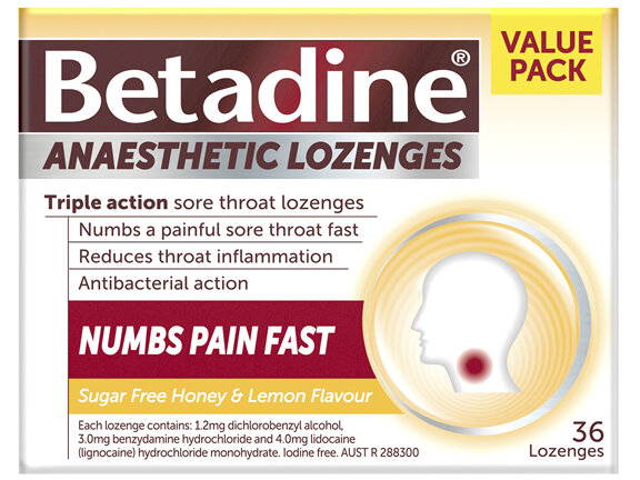 Betadine Sore Throat Anaesthetic Lozenges Honey & Lemon 36 Pack