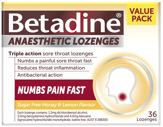 Betadine Sore Throat Anaesthetic Lozenges Honey & Lemon 36 Pack