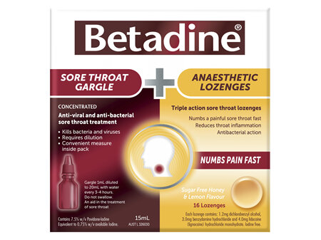 Betadine Sore Throat Gargle + Anaesthetic Lozenges Kit (15mL + 16 Pack)