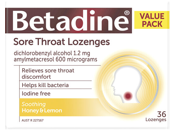 Betadine Sore Throat Lozenges Honey & Lemon 36 Pack