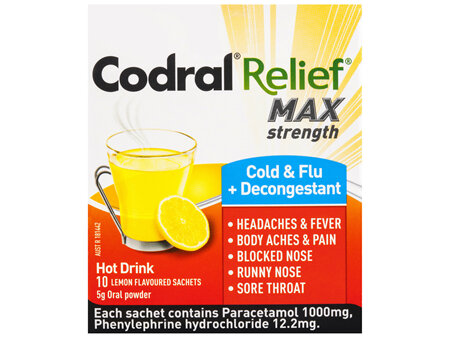 Codral Cold & Flu + Decongestant Max Strength Hot Drink Oral Powder Lemon 10 x 5g