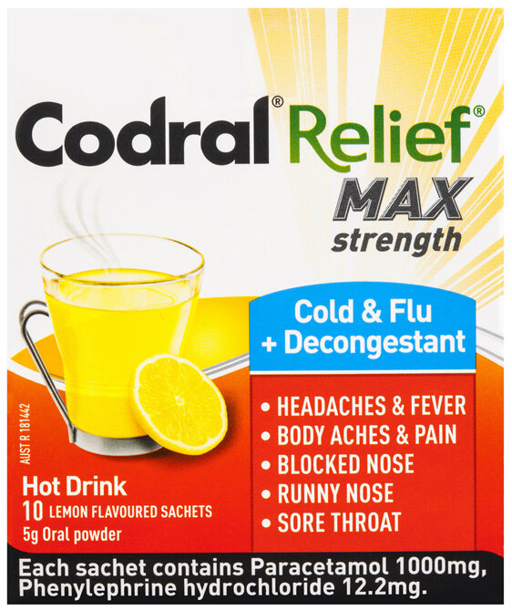 Codral Cold & Flu + Decongestant Max Strength Hot Drink Oral Powder Lemon 10 x 5g