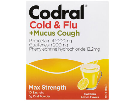 Codral Cold & Flu + Mucus Cough Max Strength Hot Drink Oral Powder Lemon 10 Pack