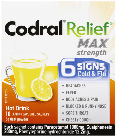 Codral Cold & Flu +Mucus Cough Max Strength Lemon 10 Pack