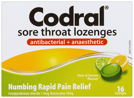 Codral Duo Relief Sore Throat Lozenges Antibacterial + Anaesthetic Lime & Lemon 16 Pack