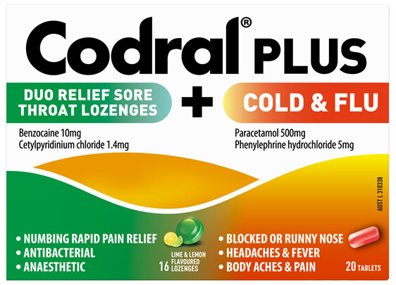 Codral Plus Cold & Flu Tablets 20 Pack + Sore Throat Relief Lozenges Lime & Lemon Flavour