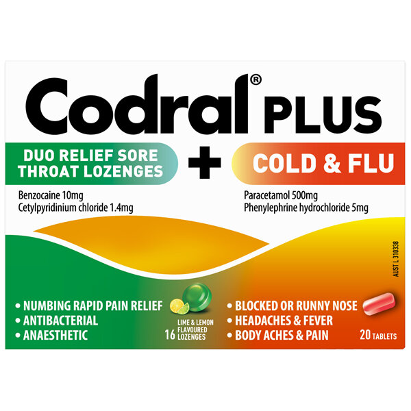 Codral Plus Cold & Flu Tablets 20 Pack + Sore Throat Relief Lozenges Lime & Lemon Flavour