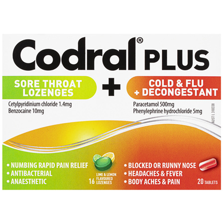 Codral Plus Duo Relief Sore Throat Lozenges Lime & Lemon Flavoured + Cold & Flu