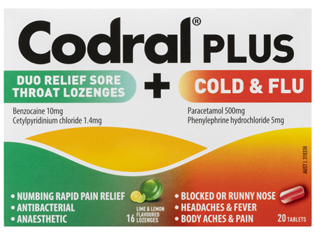 Codral Plus Duo Relief Sore Throat Lozenges Lime & Lemon Flavour 16 Pack + Codral Cold & Flu