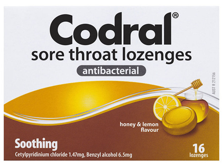 Codral Sore Throat Lozenges Antibacterial Honey & Lemon 16 Pack